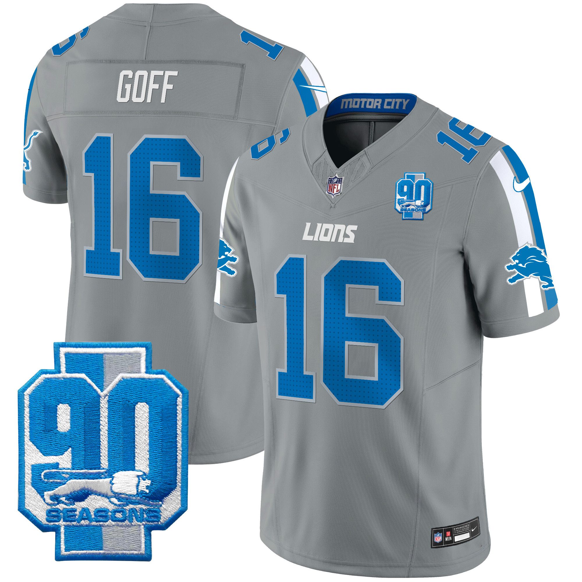 Men Detroit Lions #16 Goff Grey 2024 Nike 90th Year Patch Vapor Limited NFL Jersey